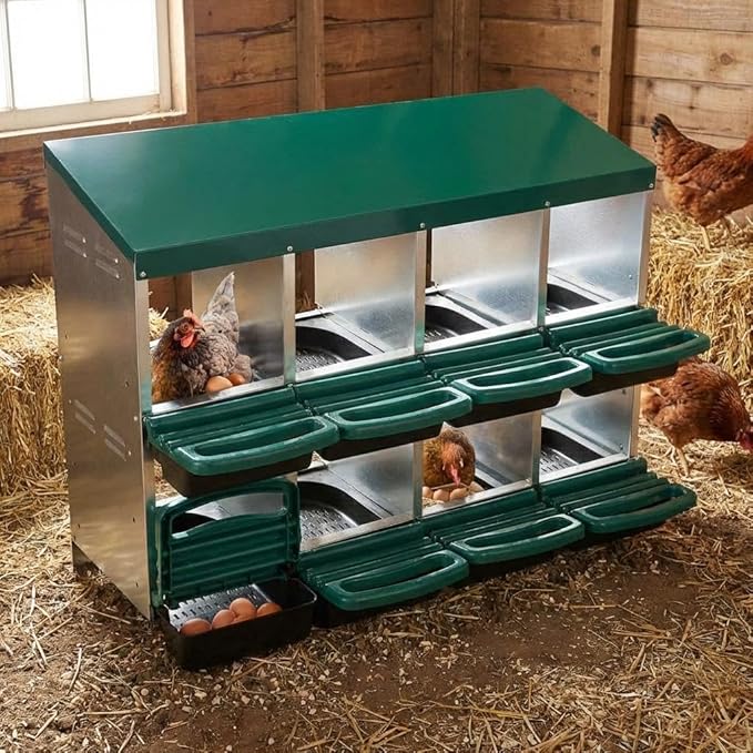 GarveeHome 2-Tier Chicken Nesting Box, 8 Compartment Metal Chicken Laying Boxes with Waterproof Roof ＆ Removable Trays for Hens, Poultry，Easy Egg Collection