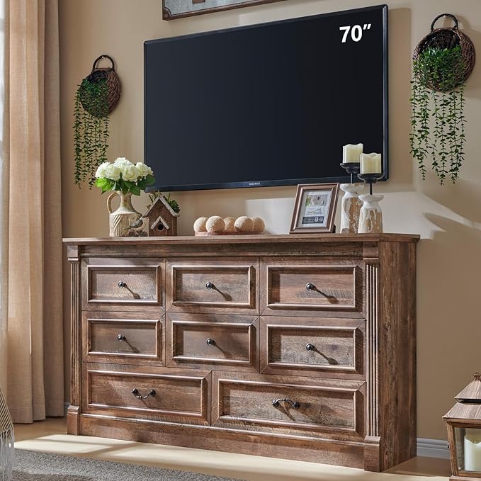 8 Drawers Dresser for Bedroom, Farmhouse 61" Wide Dressers & Chests of Drawers w/Roman Column, Large Storage Dressers Organizer w/Two Different Drawer Sizes for Bedroom,Living Room,Light Brown