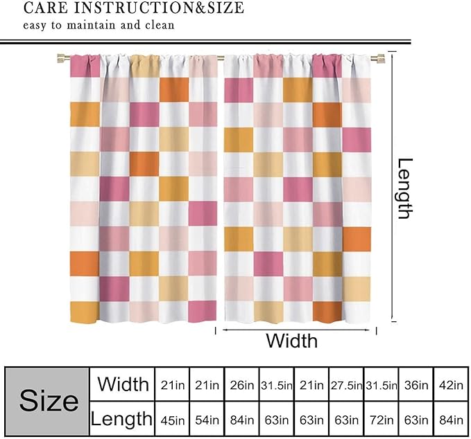 Pink Checkered Curtains,70s Vintage Twisted Checkered Window Drapes Colorful Groovy Trendy Wavy Hippie Grid Print Window Treatments for Kids Girls Bedroom Living Room 42" W X 45" L