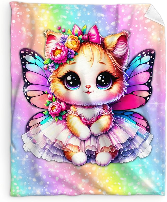 Cat Blanket for Girls, Throw for Kids Teens Adults Cat Lovers 60x80 Inches Soft Cozy Rainbow Print Throw Blankets for Sofa Couch Bed Travel Daughter Birthday Gift