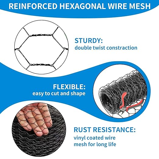 1/2 Inch Black Wire Mesh Roll - 12'' x 50' Chicken Wire Fence, 20 Gauge Hardware Cloth Poultry Netting for Garden/Animal Barrier/Rabbit/Floral/Chicken Coop/DIY Projects