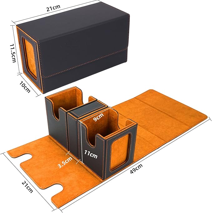 AFIING MTG Commander Deck Box 200 Double Sleeved Cards Storage, 3-in-1 Magnetic Card Case Organizer for Magic: The Gathering TCG CCG, 4 Dividers & 2 Toploaders (Black/Orange)
