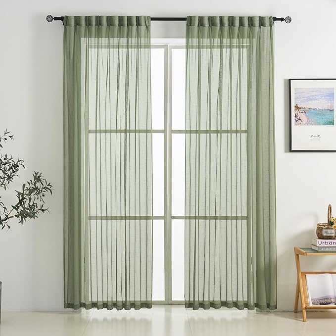 Sage Green Pinch Pleated Sheer Curtains 90 Inches Long 2 Panels, 50 Inches Width, Rustic Linen Look Light Filtering Drapes Decor, Thin Textured Transparent Window Curtain Panels