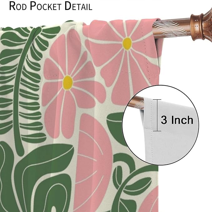 70s Flowers Curtains,Retro Geometric Boho Vintage Botanical Green Pink Flower Curtain for Bedroom Living Room Bathroom Window Curtains,70s Mid Century Flowers Window Treatments 42" W X 54" L