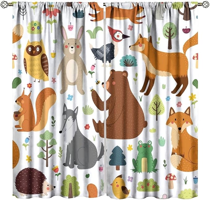 Kids Safari Animals Curtains, Baby Boy Girl Rustic Woodland Printed Cartoon Forest Window Treatments for Bedroom Living Room Nursery 2 Panels Sets, 42x45 Inch