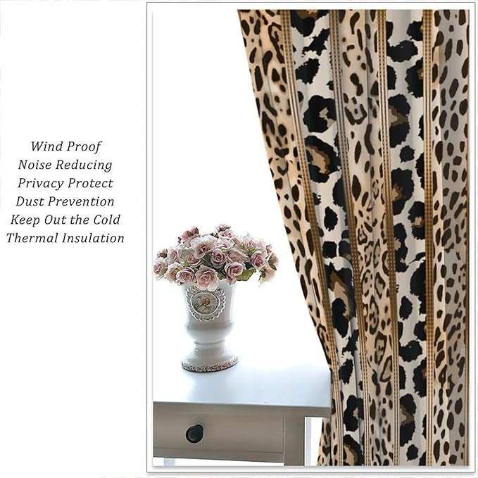 Leopard Curtains, Cheetah Wild Animal Geometric Stripe Wildlife Theme Window Drapes for Bedroom Living Room 42" W X 45" L