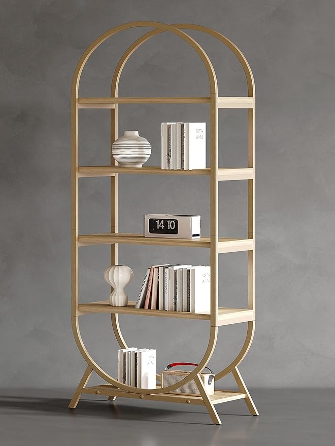 Bookshelf Arched Bookcase, Industrial 5 Tier Open Book Shelves with Metal Frame, 72" Tall Freestanding Display Rack for Home Office, Living Room,Nature Wood and Gold