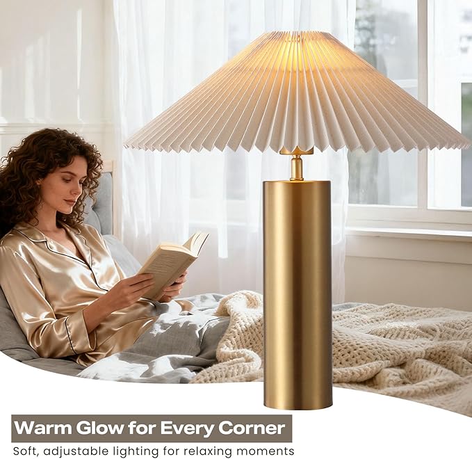 Modern Table Lamp with Metal Blade Lampshade and Cylindrical Base, E26 Bulb