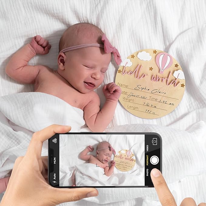 Hello World Newborn Sign - 5.9” Round Wooden Baby Announcement Sign with 3D Hot Air Balloon, Clouds & Stars - Keepsake Birth Gift for Baby Girl’s First Day, Hospital, Shower, or Nursery Décor (Pink)