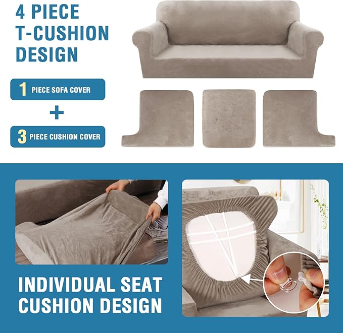 H.VERSAILTEX Sofa Cover 4 Piece T Cushion Sofa Slipcovers Thick Velvet Couch Cover Furniture Protector Stretch Sofa Covers for 3 Cushion Couch with 3 Individual T Cushion Covers Washable, Taupe