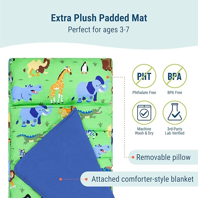 Wildkin Kids Original Nap Mat – Cozy Kids Sleep Mat with Pillow, Ideal for School & Travel - Wild Animals