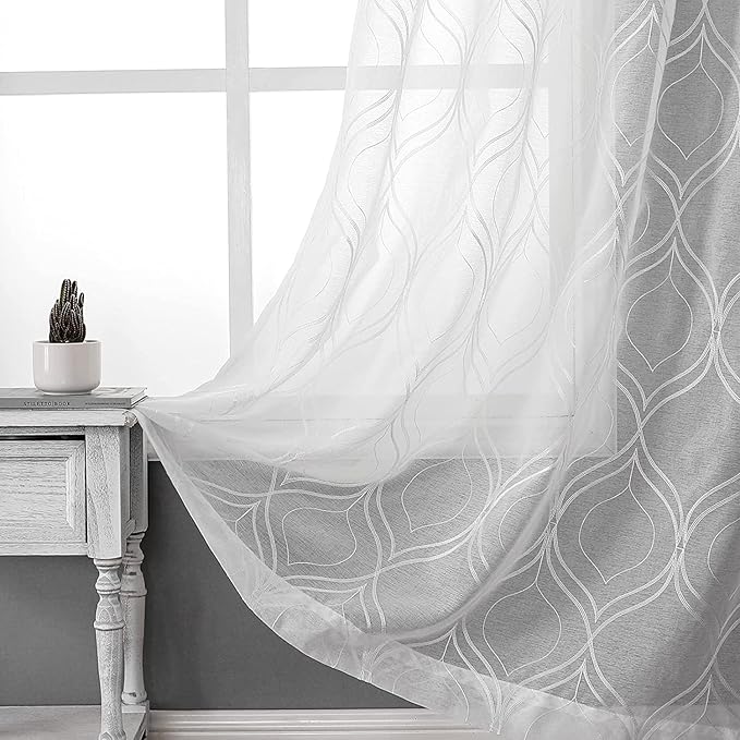 VISIONTEX White Sheer Curtains 84 Inches Long 2 Panels Set Moroccan Embroidered Curtains Trellis Decor French Textured Rod Pocket Voile Tulle Semi Window Drapes for Bedroom Living Room 54 x 84 Inches