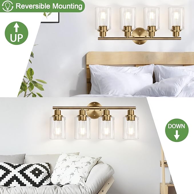 4-Light Bathroom Light Fixtures, Brushed Brass Modern Vanity Lights