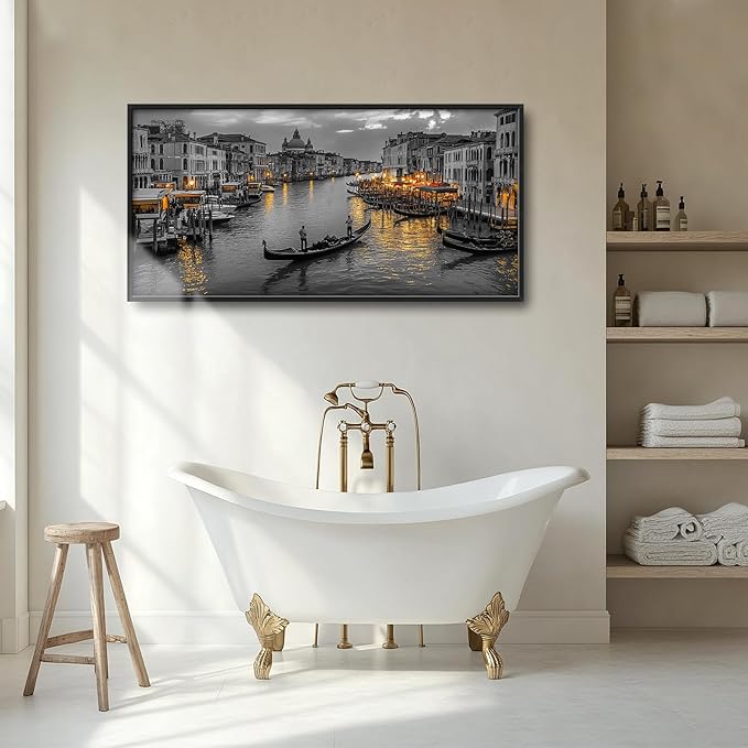 Olivine Italy Large Wall Art, Venice City Pictures Wall Decor, Black and White Painting, Cityscape Canvas Prints, Framed Artwork for Dining Room Living Room Bedroom Bathroom Office Home Decor 60"x30"