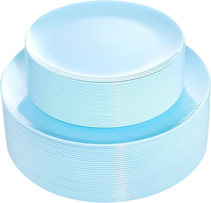 KIRE 60PCS Blue Plastic Plates Disposable - Heavy Duty Light Blue Plates Include 30Pcs 10.25” Dinner Plates and 30Pcs 7.5” for Dessert/Salad in Baby Shower/Picnic
