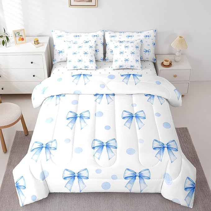 7 Pieces Blue Bowknot Kids Comforter Twin Size,Geometric Dots Bow Tie Patchwork Romantic Bedding Set,Bow Knot Princess Cute White Chic（Comforter+Fitted+Flat+2 Pillowcases+2 Throw Pillow Covers）