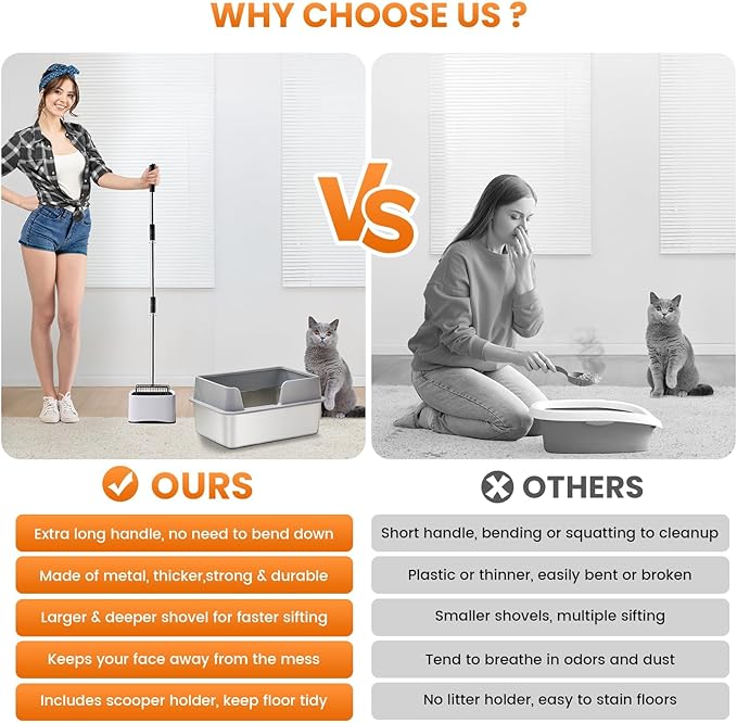 Metal Cat Litter Scoop with Holder, 43" Extendable Long Handle Cat Scooper for Litter Box, Solid & Durable, Deep Shovel for Fast Sifting, Large Pet Pooper Scooper for Kitty/Outside Dog Poop