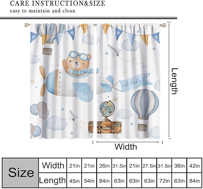 Blue Bear Curtains, Cute Lovely Bear Adventure Airplane Cloud Pastel Blackout Window Treatments, Rod Pocket Thermal Insulated Drapes 2 Panel Sets for Kids Bedroom Nursery Classroom, 63"W X 63"L