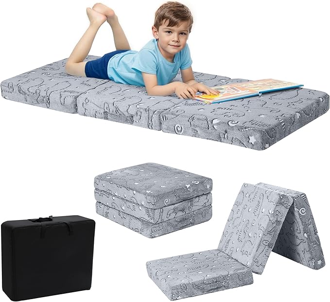 MeMoreCool Glow Dinosaur Foldable Floor Mattress for Kids, Trifold Nap Mat for Toddlers, Portable Daycare Sleeping Futon or Floor Bed, 57x22 Inch