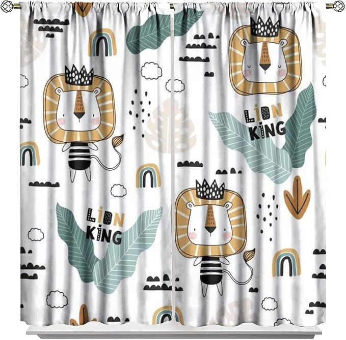 Cartoon Little Lion King Window Curtains for Baby Child,Cute Funny Forest Animals,Tropical Jungle Leaves Wildlife Boho Rainbow Print Blackout Drapes for Nursery Boys Girls Kids Bedroom 55x63in