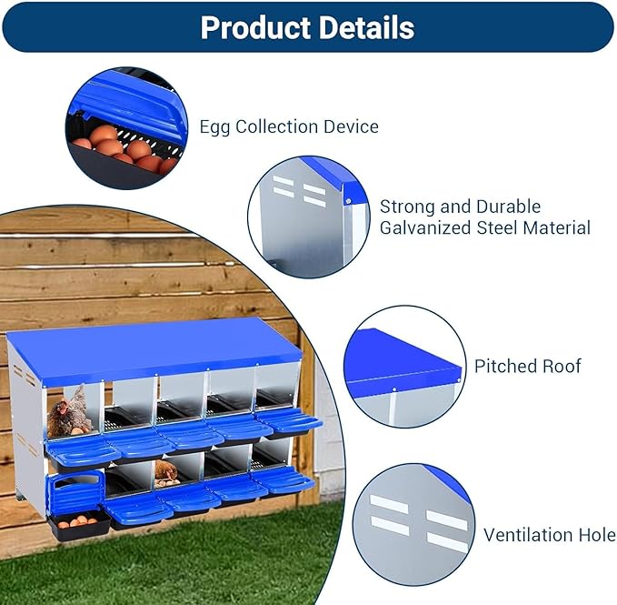 Chicken Nesting Box,10 Hole 2 Layer Hen Nest Boxes, Roll-Away Egg Collection System with Ventilation Holes，Rustproof Plastic Tray & Keyhole Mounting, Chicken Laying Box