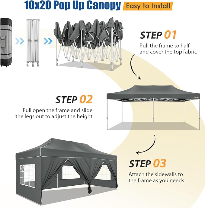 HOTEEL 10x20 Pop up Canopy Tent for Parties, Heavy Duty Easy Setup Tent with 6 Sidewalls, Outdoor Commercial Instant Gazebo for Wedding Event, with Roller Bag & Sand Bags, Grey(Hexagonal Frame)