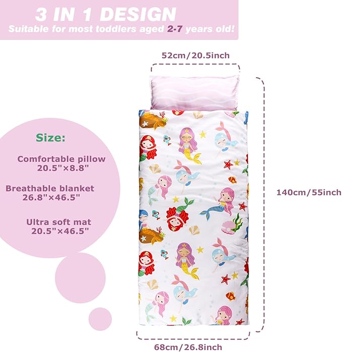 Toddlers Nap Mat with Removable Pillow and Soft Blanket, Lightweight Daycare Preschool Kindergarten Sleeping Bag, Travel Slumber for Kids Girls Boys