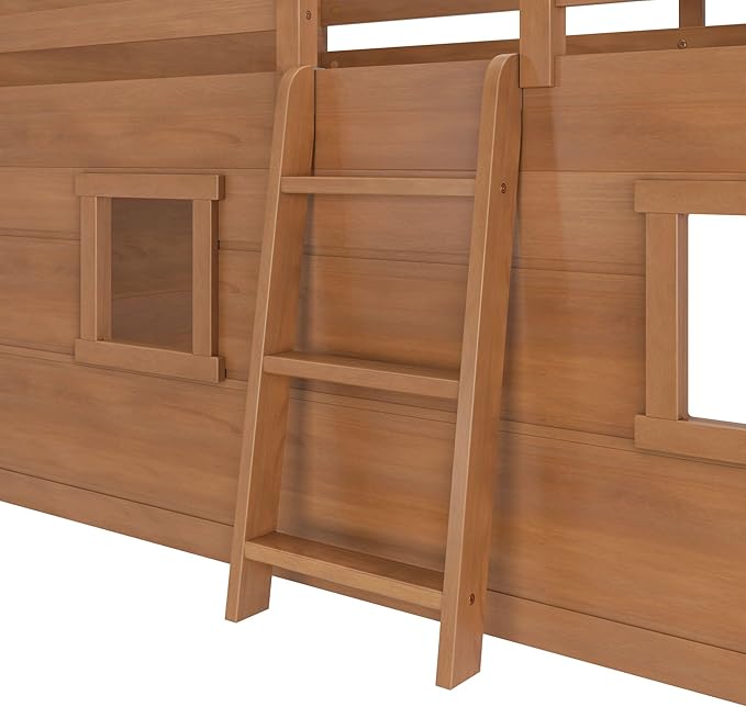 Max & Lily Modern Farmhouse Twin Low Loft Bed with Two Windows - Solid Wood, 15” Guardrails, 400-lb Capacity, Low-VOC Finish, Farmhouse Pecan