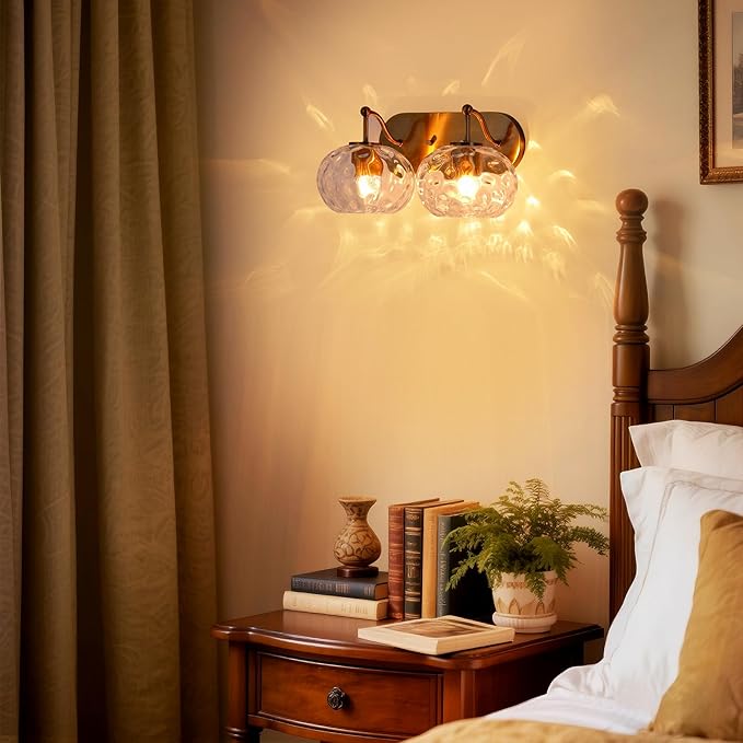 Brushed Gold Vanity Light Clear Hammered Glass Wall Sconce 2-Light Brass Wall