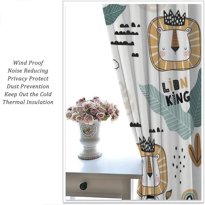 Cartoon Little Lion King Window Curtains for Baby Child,Cute Funny Forest Animals,Tropical Jungle Leaves Wildlife Boho Rainbow Print Blackout Drapes for Nursery Boys Girls Kids Bedroom 55x63in
