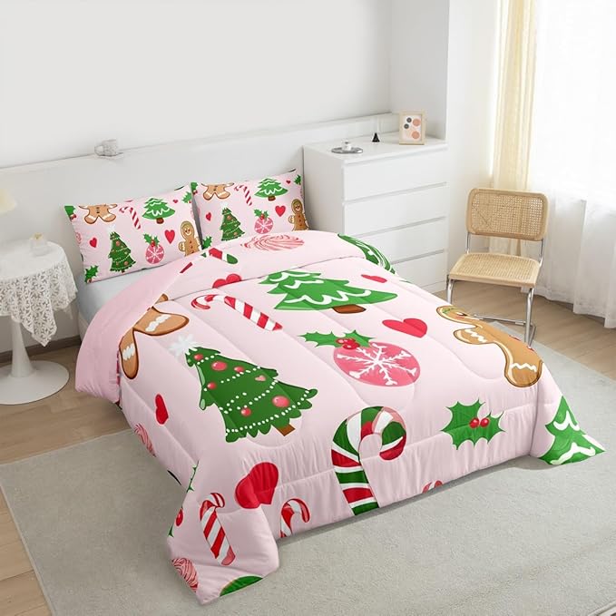 Feelyou Merry Christmas Kids Comforter Set Queen Size Gingerbread Man Bedding Set Christmas Decor Duvet Quilt for Kids Boys Girls Bedroom New Year Gift Decor Microfiber Ultra Soft Breathable