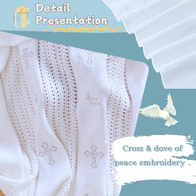 Booulfi Baby Blankets for Boys Girls Baby Receiving Blankets Silver Cross Dove of Peace Embroidery White Knitted Blanket Soft Crib Blanket Newborn Essentials Baptism Christening Gifts Size 39X34