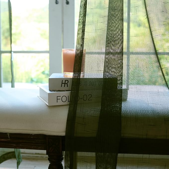 Dark Green Linen Look Pinch Pleated Sheer Curtains 108 Inches Long 2 Panels, 50 Inches Width, Rustic Textured Light Filtering Drapes, Olive Floor to Ceiling Window Curtain with Hooks