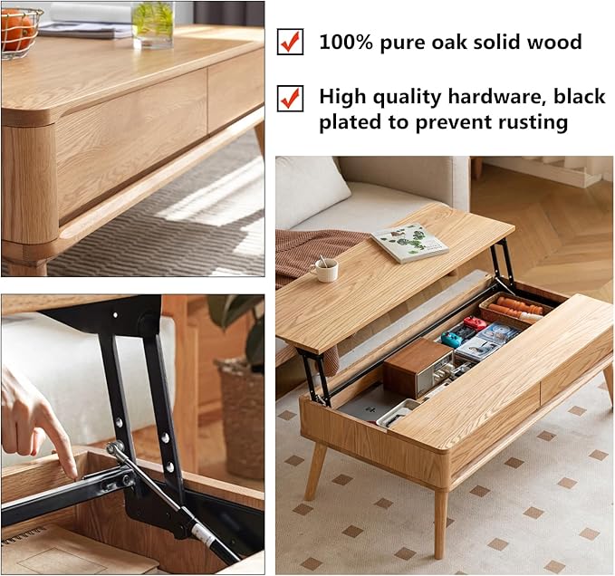 100% Solid Wood Lift Top Coffee Table for Living Room, Mid Century Modern Tables with Drawers and Large Storage, Oak Coffee Tables for Small Spaces (Oak Wood Log, 47.24" W x 23.62" D x 25.59" H)