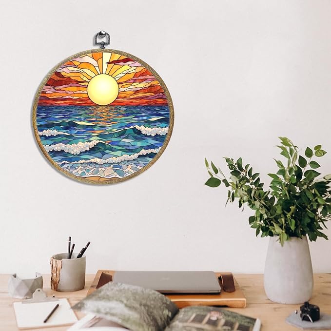Colorful Boho Waves on The Beach Sunset Gifts for Sunset Lovers Framed Round Wall Decor Canvas Wall Art Hanging Prints Artwork for Home Nursery Bathroom Bedroom Living Room Decorations 10.2X10.2 Inch