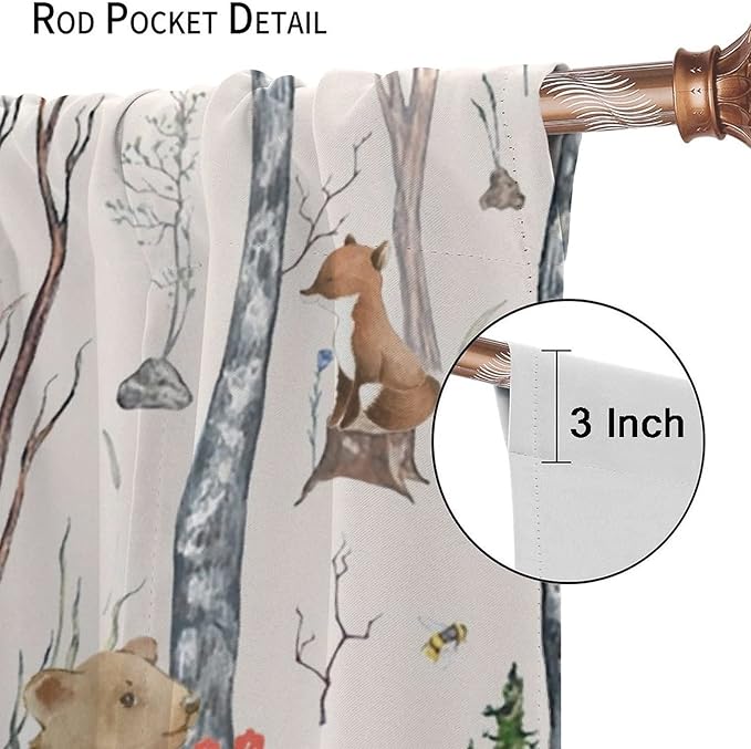 Rustic Forest Window Curtains Curtains, Woodland Animal Bear Deer Hedgehog Fox Forest Squirrel Watercolor Blackout Rod Pocket Window Treatments Drapes for Boys Girls Bedroom 84x84in