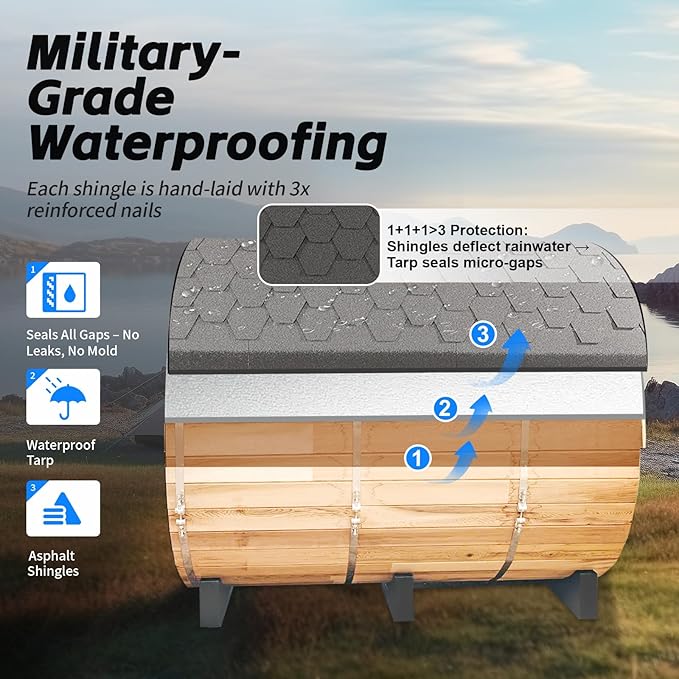 ZONEMEL Outdoor Barrel Steam Sauna, Canadian Pine Wood Sauna Room for 6 Person with 6KW ETL Certified TOULE Heater, Rocks, 8mm Tempered Glass, Waterproof System