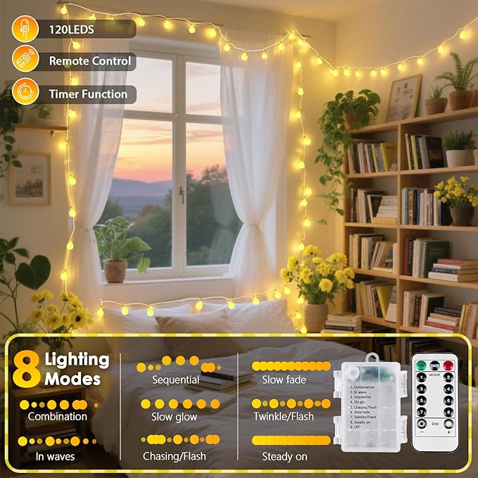2 Pack Battery Operated String Lights - 52FT 120 LED Globe Fairy Lights
