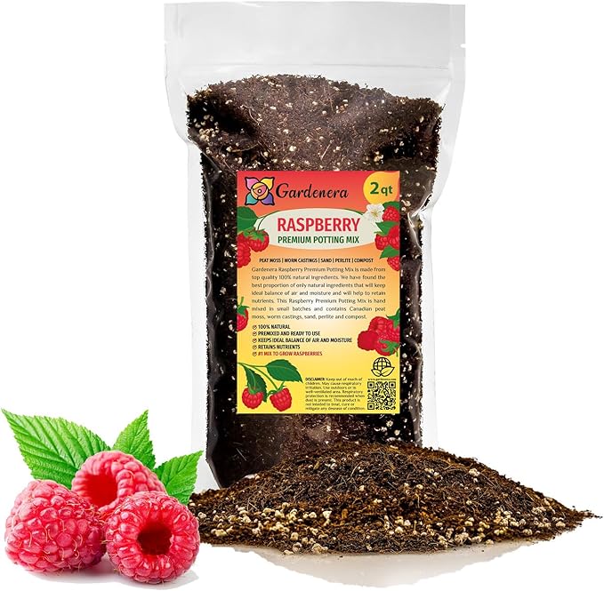 Gardenera Premium Raspberry Potting Soil Mix - Optimal Blend for Thriving and Juicy Berries - 2 Quart