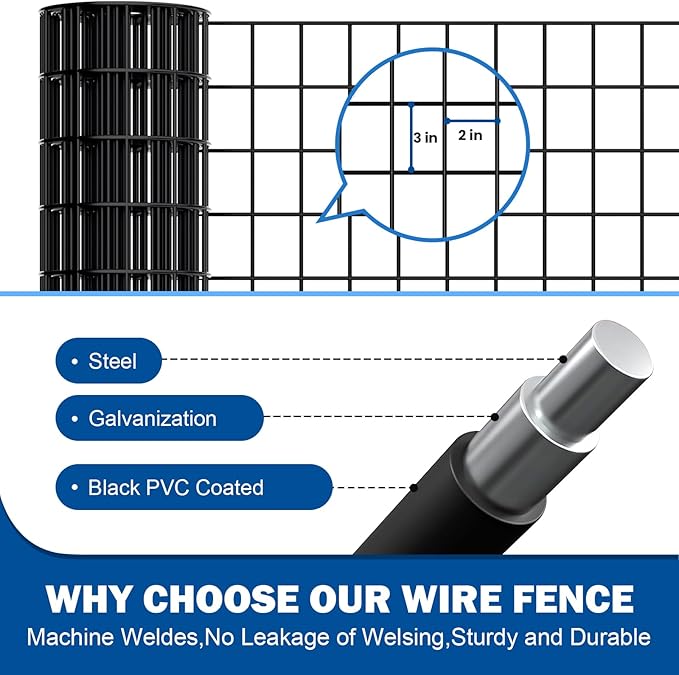 Black Welded Wire Fence (2×3 Inch Mesh, 24"×50' 16Gauge) PVC Coated for Rust Resistance, Perfect for Garden Enclosures, Pet Fencing & Outdoor Barriers