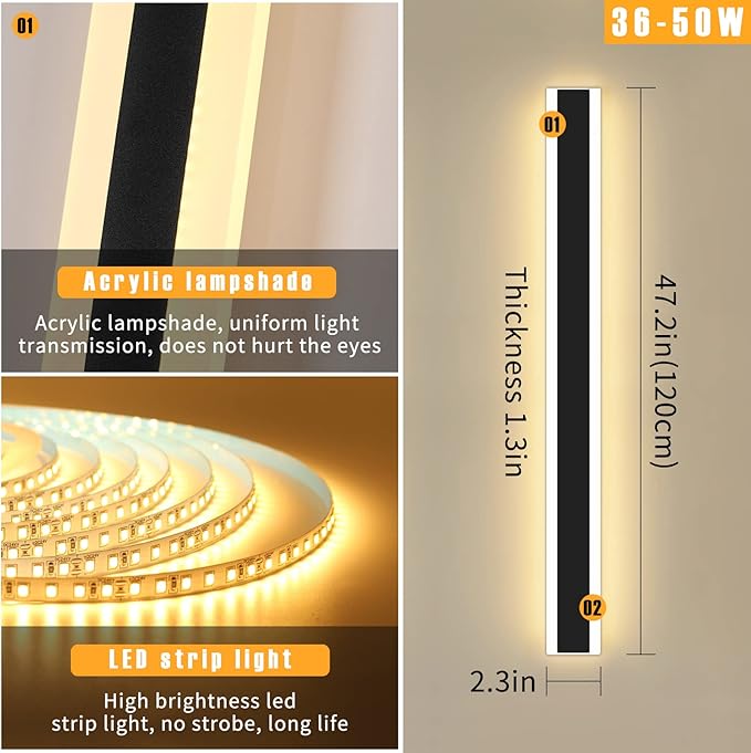 Modern 47inch Outdoor Wall Light, 3000k/4500k/6000k 3 Color Change Black