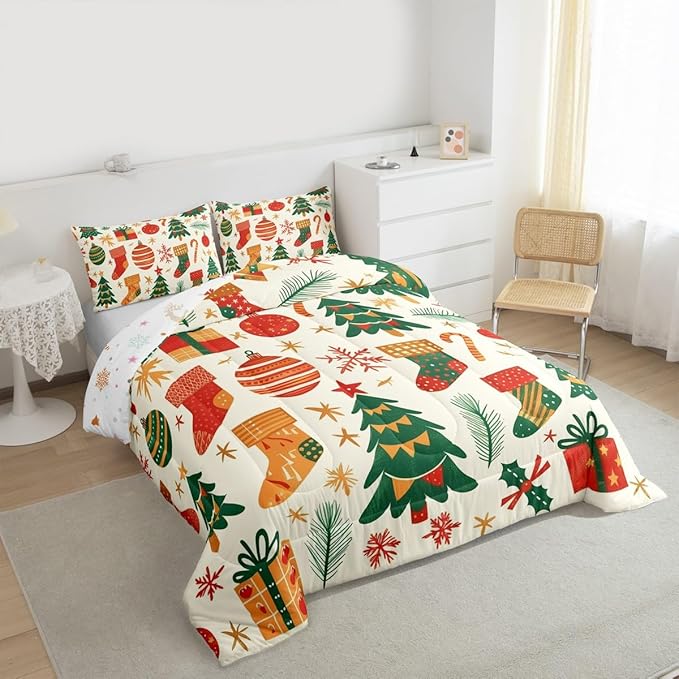 Feelyou Christmas Comforter Set All Season Xmas Tree Bedding Set with 2 Pillow Cases New Year Gift Microfiber Kids Full Bedclothes Christmas Stockings Bedroom Decor Duvet Quilt Breathable Soft