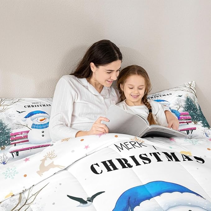 Feelyou Merry Christmas Bedding Set Soft for Boys Girls, Cute Snowman Comforter Set Full Size Snowflake Duvet Quilt Microfiber Christmas Tree Bedroom Decor 3 Pcs with 2 Pillow Cases
