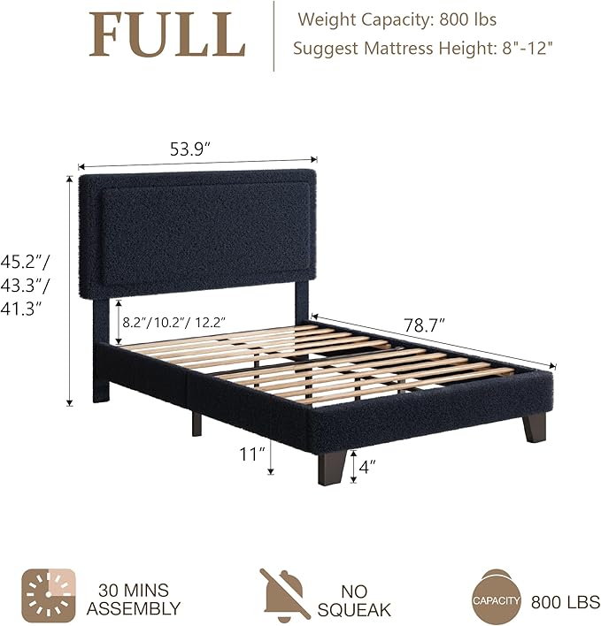 Full Size Boucle Bed Frame, Upholstered Platform Cloud Bed Frame with Headboard, Soft Teddy Fabric, Modern Style, No Box Spring Required, Easy Assembly, Blue-Black