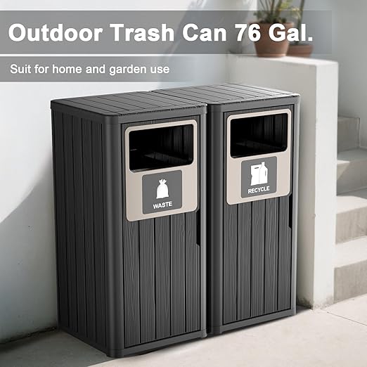 Outdoor Double Barrel Trash Can,Waterproof Resin Garbage Can with Garbage Labels,Durable Waste Bin for Porch, Backyard,Kitchen,for 30 to 39 Gallon Trash Bags