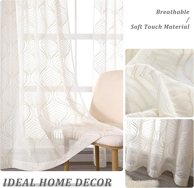 VISIONTEX Sheer Curtains 72 Inches Long 2 Panels Set Beige Moroccan Embroidery Texture Geometric Rod Pocket Ivory White Voile Tulle Semi Window Treatment Pair for Bedroom Living Room 54 x 72 Inches