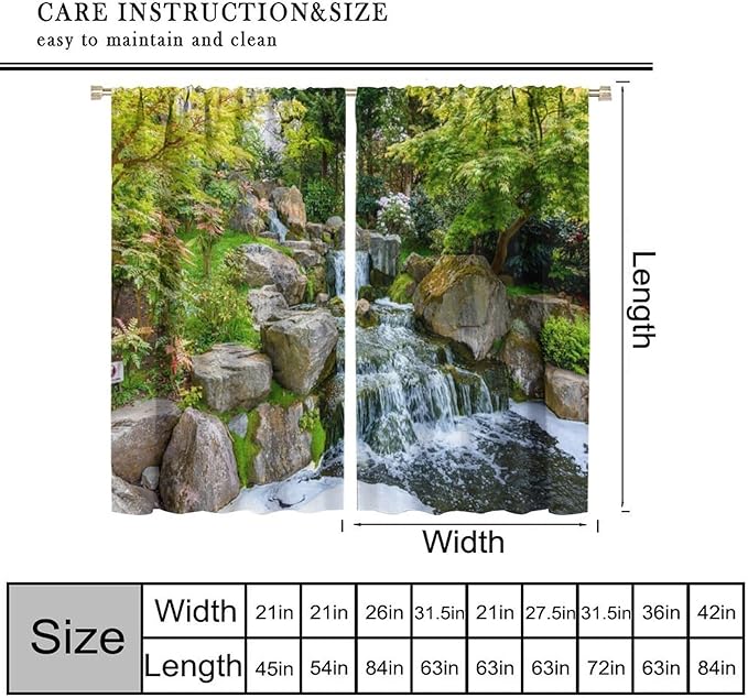 Forest Waterfall Blackout Curtains, Natural Landscape Forest Trees Waterfall Scenery PrintWindow Drapes, for Living Room Bedroom 42" W X 63" L