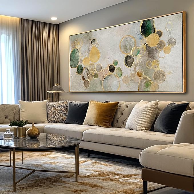 Abstract Canvas Wall Art Gold Circle Painting Green Artwork Framed Wall Prints 29"x 58" Office Wall Decor Colorful Pictures for Living Room Bedroom