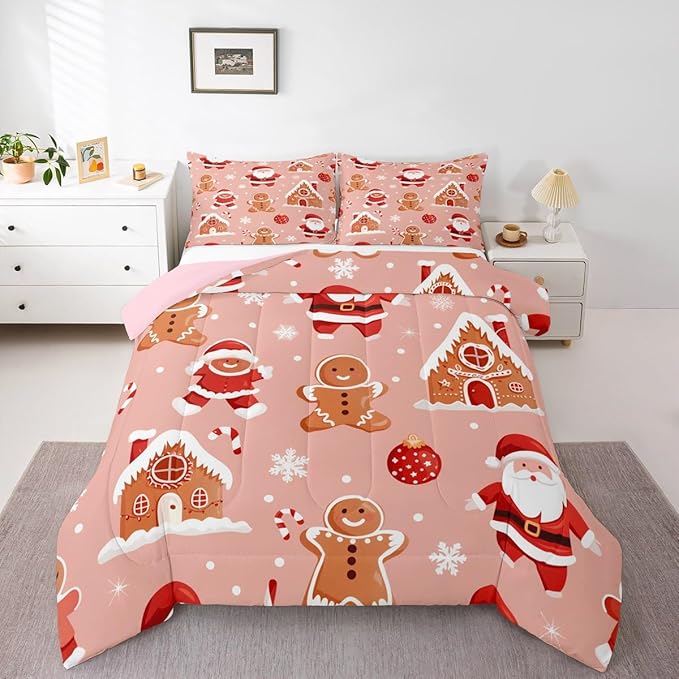 Feelyou Christmas Kids Comforter Set Full Size Santa Bedding Set Gingerbread Man Duvet Quilt for Kids Boys Girls Bedroom Snowflake Decor Microfiber Ultra Soft Breathable