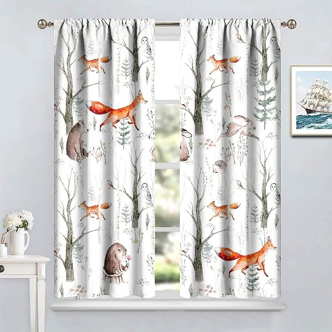Rustic Forest Window Curtains, Watercolor Woodland Animals Owl Hedgehog Fox Butterfly Forest Squirrel and Bear Blackout Windows Door Curtain for Bedroom Living Room Home Decor 63x72in